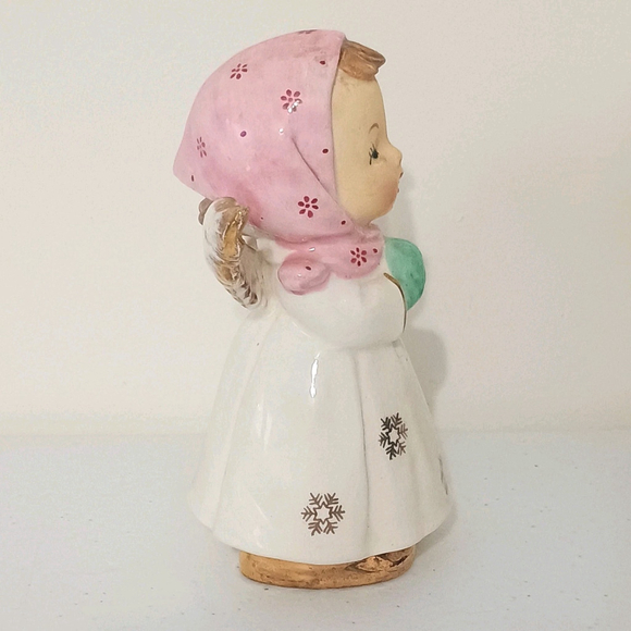 Vintage 1950s Japan Snowflake Angel Figurine Pink Hat Gold Shoes - Picture 2 of 9